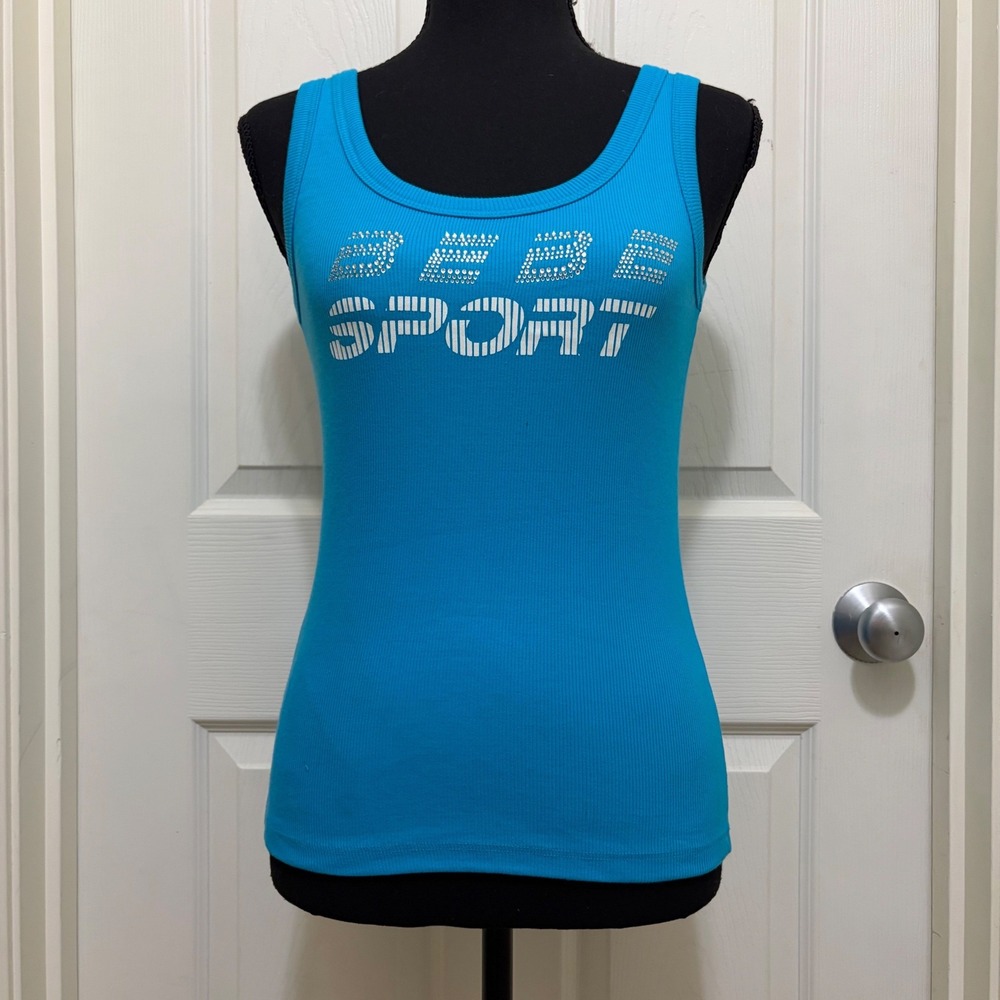 Vintage Y2K Bebe Sport Ribbed Tank Top Rhinestone Logo Blue S M L McBling 2000s